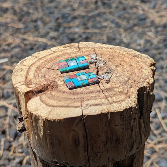 Santo Domingo Pueblo Mosaic Dangle Earrings Native American Jewelry R.Rosetta*** - Picture 7 of 9